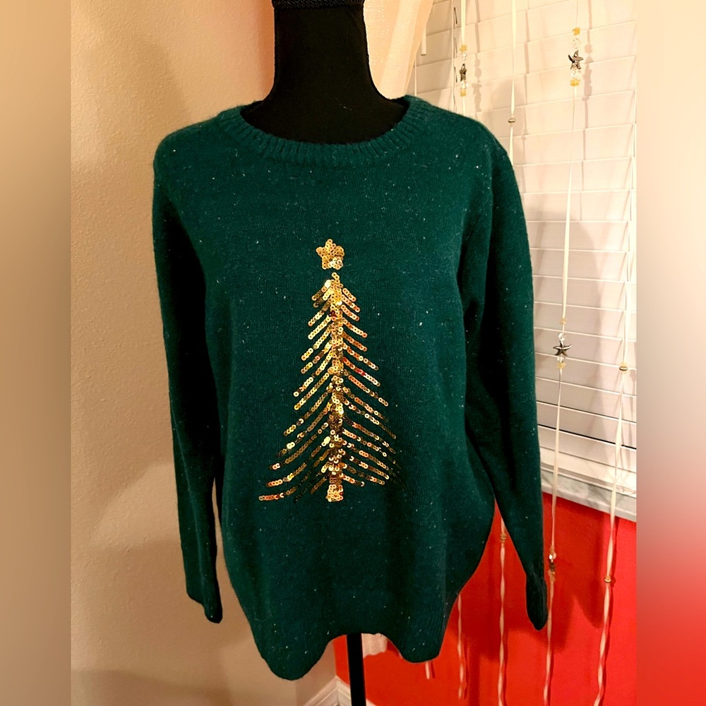NEW Green Rockin Around Christmas Tree Sweater gold sequins size M runs large